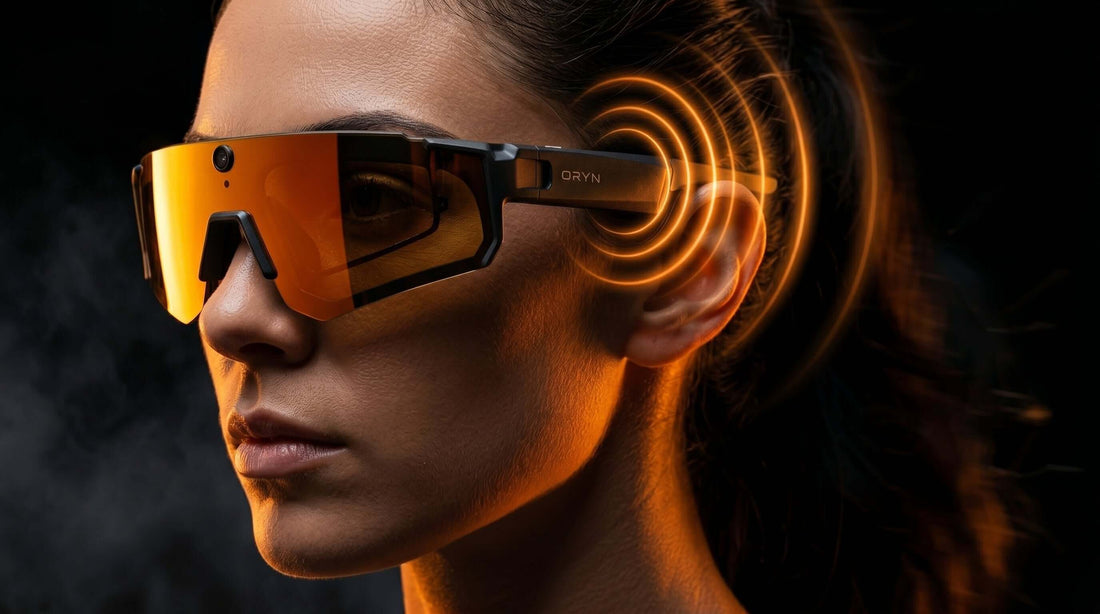 Close-up of a person wearing open-ear sports glasses safety with sound waves symbolizing auditory awareness.