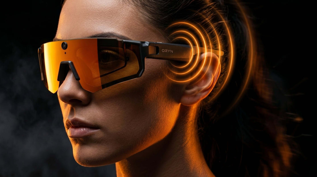 Close-up of a person wearing open-ear sports glasses safety with sound waves symbolizing auditory awareness.