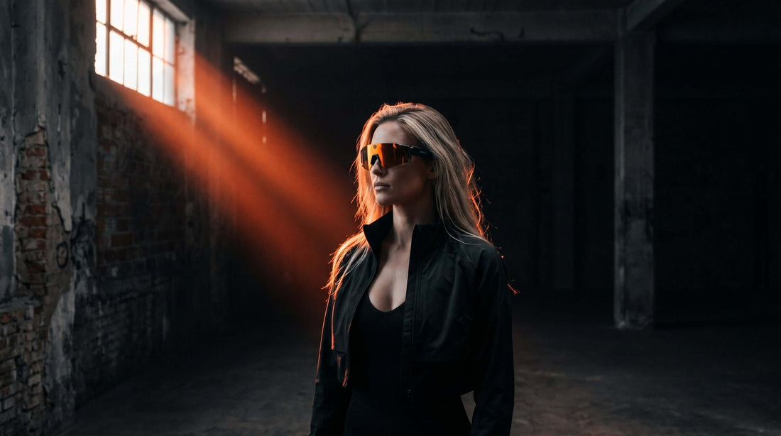 A stylish woman wearing everyday smart glasses in a dimly lit industrial space with beams of light.