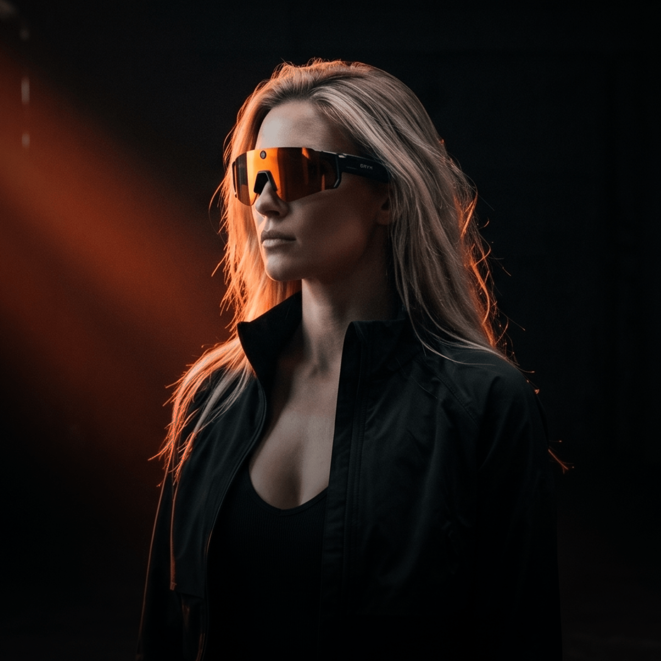 AI sports glasses with camera showcased on a model against a dramatic background, perfect for active lifestyles.