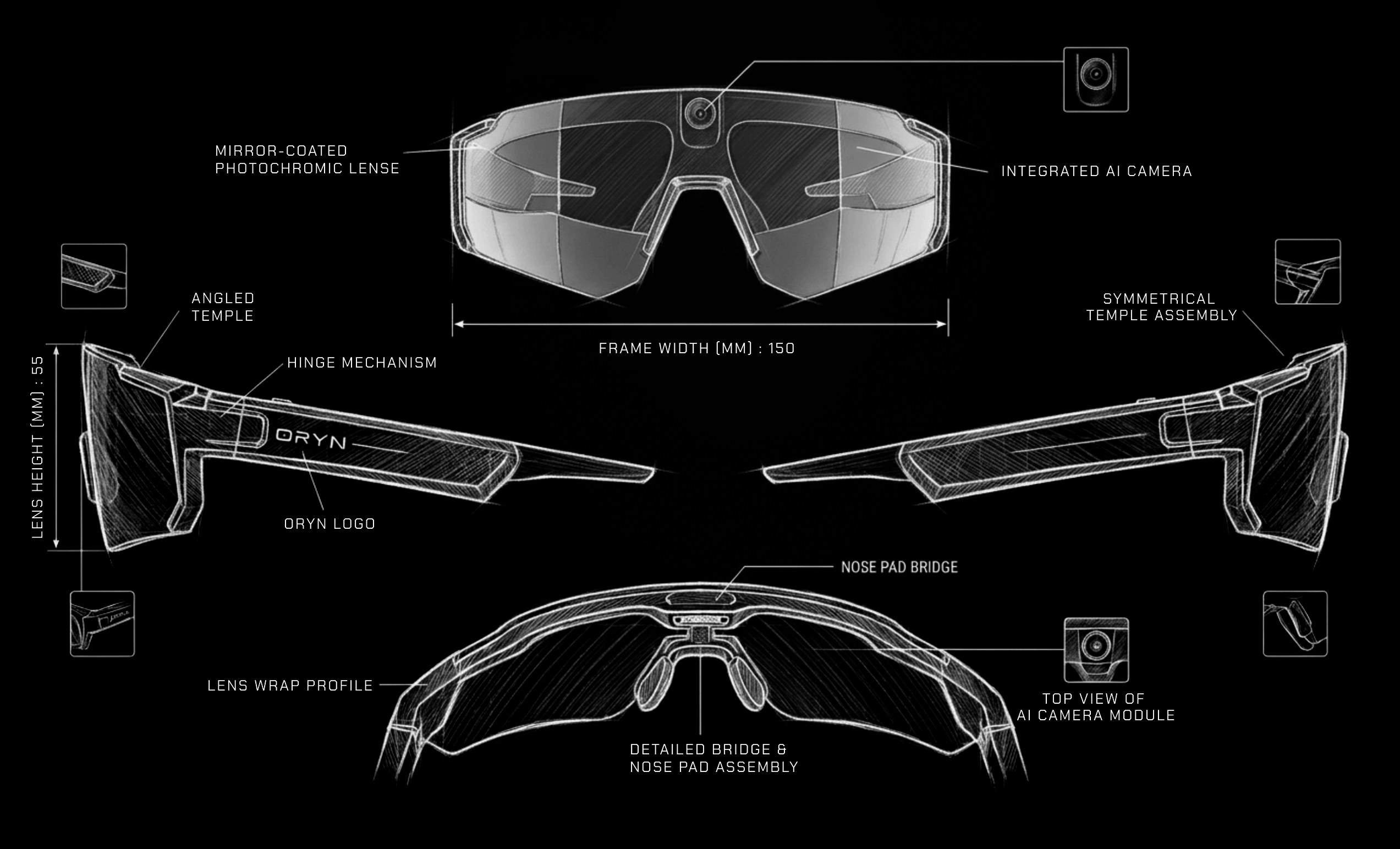 Diagram showcasing AI sports glasses with camera features and design elements for cycling and fitness.