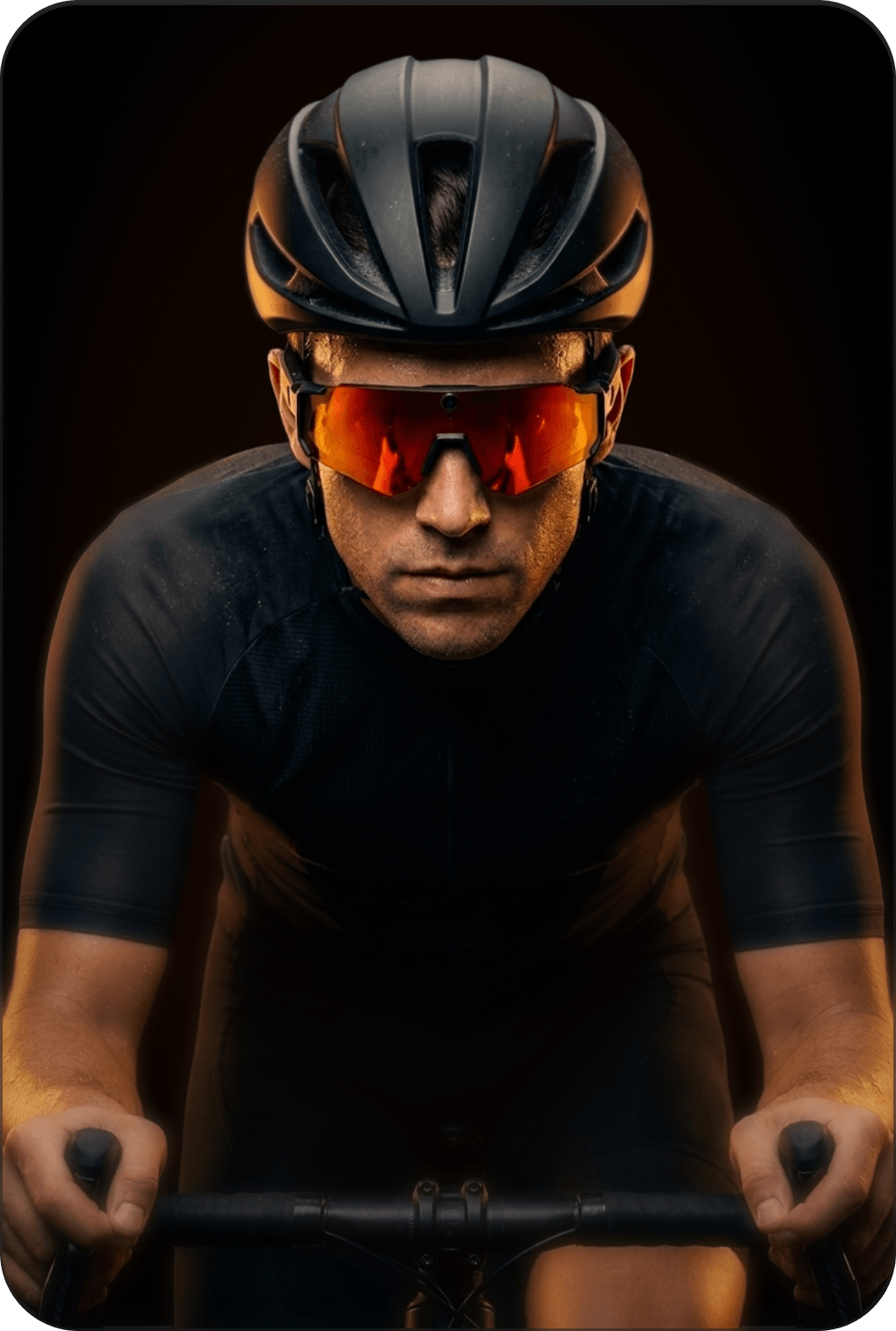 Cyclist wearing a helmet and sunglasses on a black background