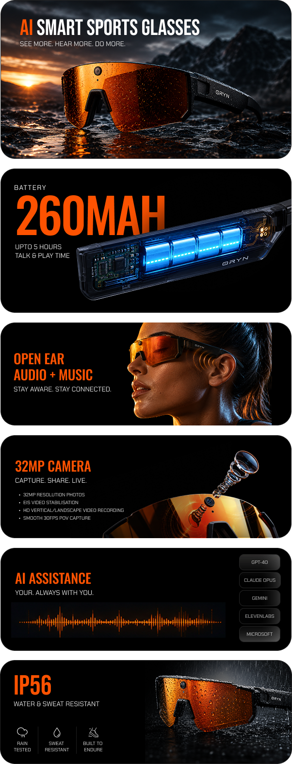 Smart sports glasses with features listed on a dark background