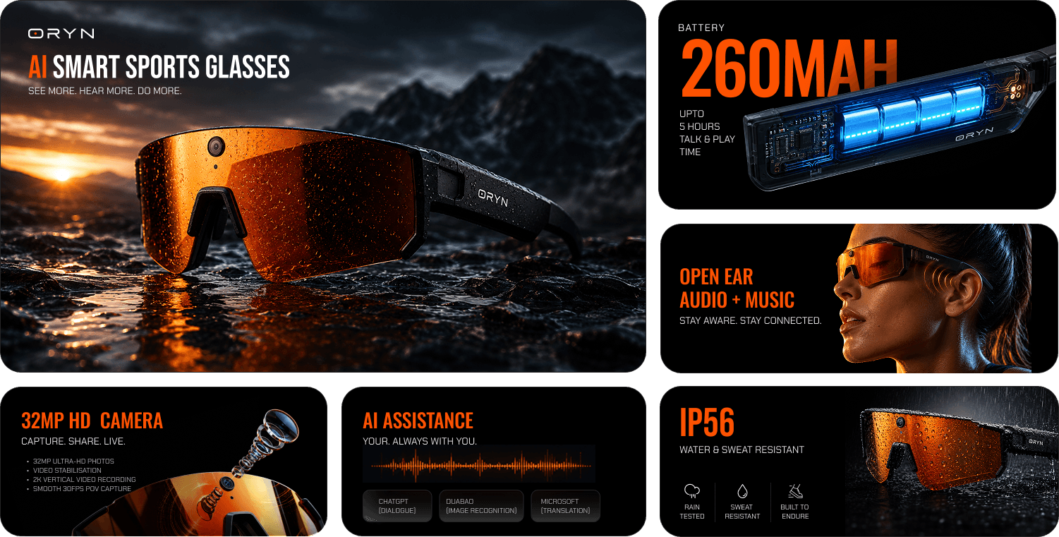 Smart sports glasses with features highlighted on a dark background