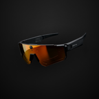 AI sports glasses with camera featuring a sleek black frame and orange lens for performance and style.