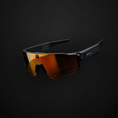 AI sports glasses with camera featuring a sleek black frame and orange lens for performance and style.
