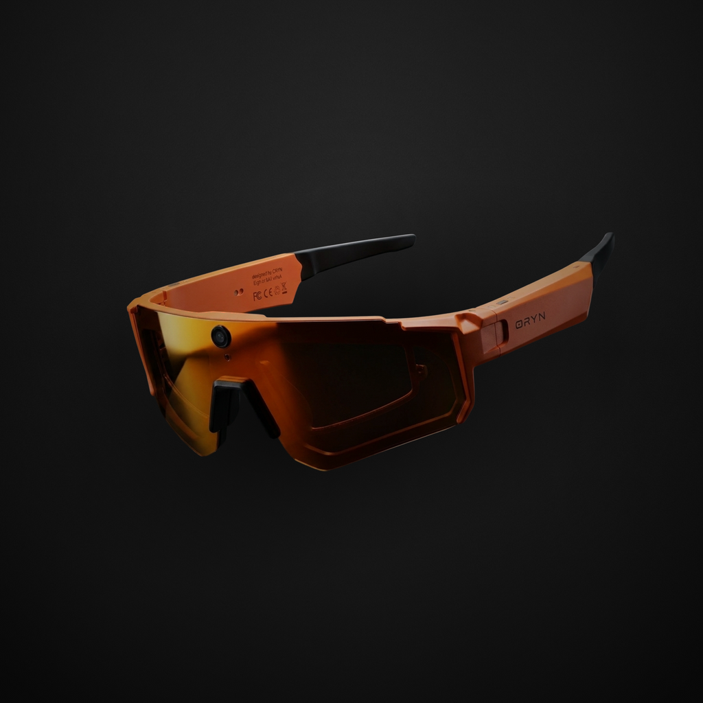 AI sports glasses with camera by ORYN featuring a stylish orange frame and premium shield lens technology.