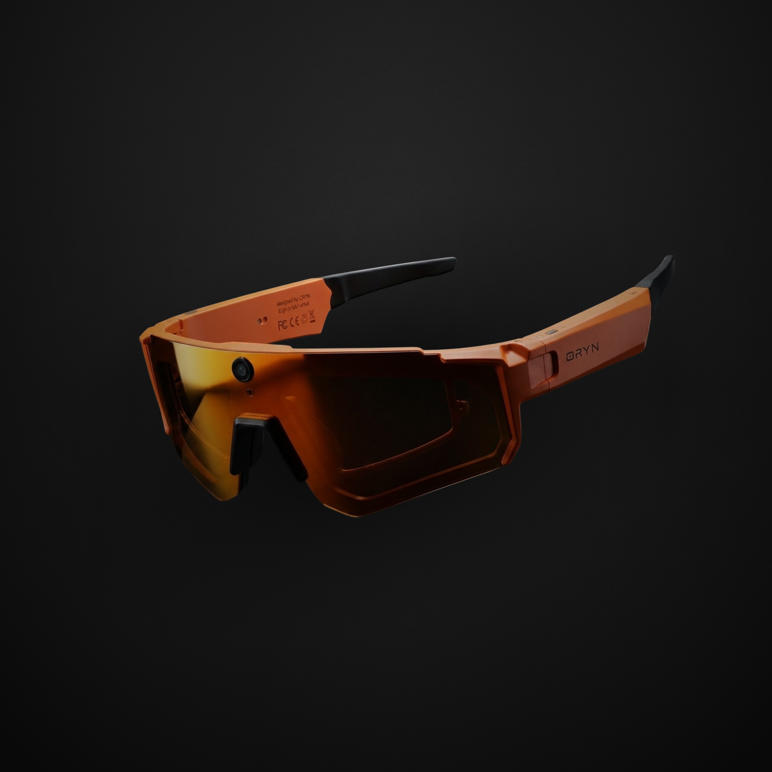 AI sports glasses with camera by ORYN featuring a stylish orange frame and premium shield lens technology.