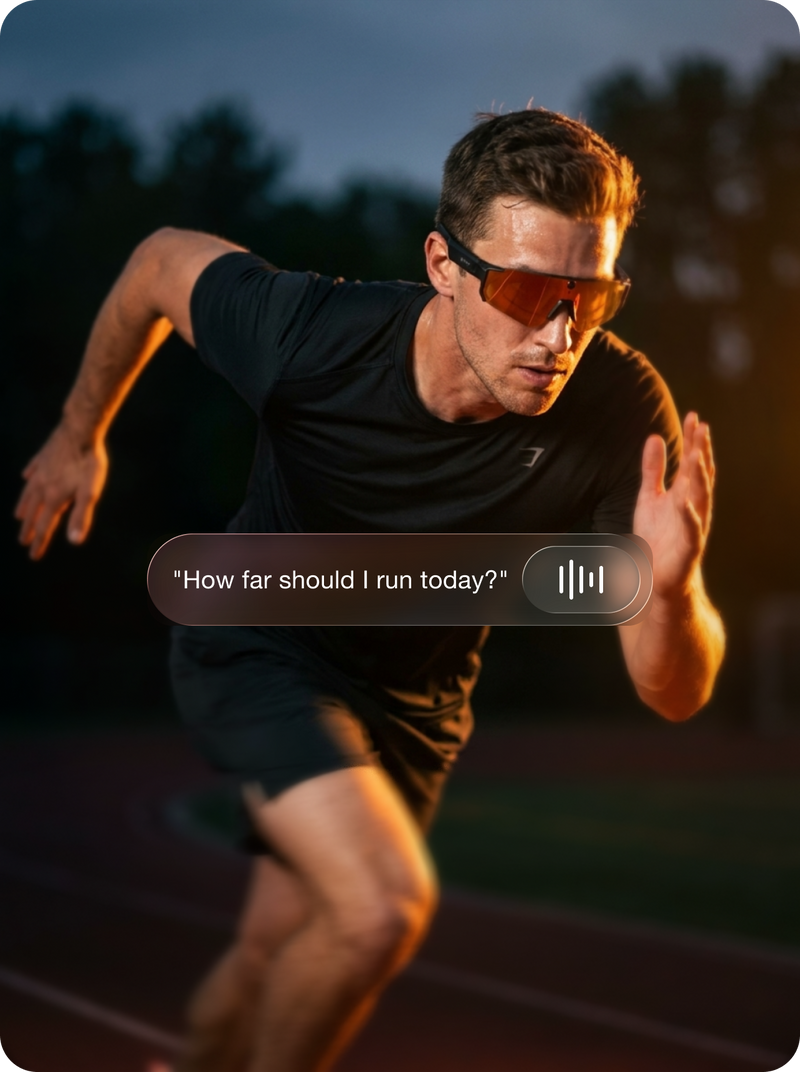 Man running outdoors with a text overlay asking 'How far should I run today?'