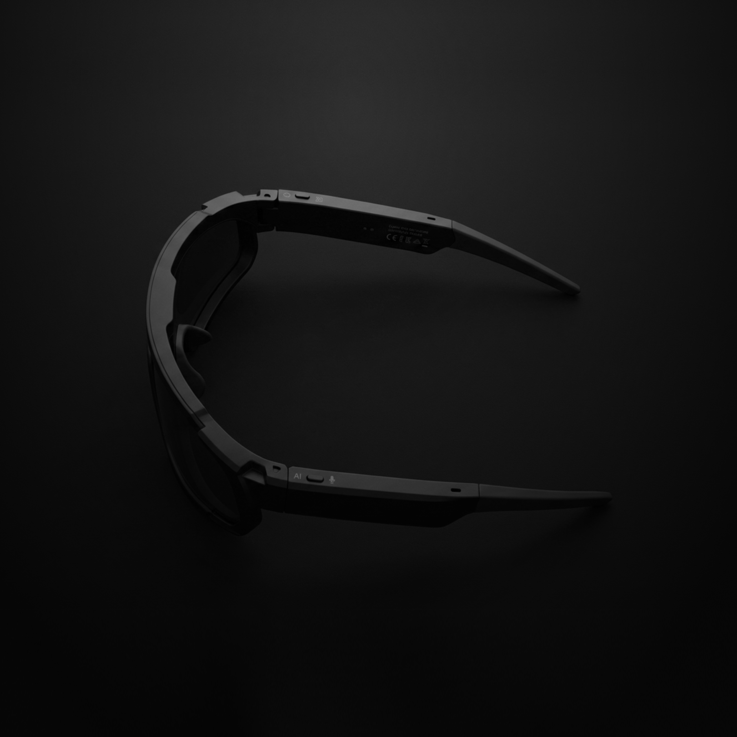 AI sports glasses with camera showcasing a sleek design and performance elements on a black background.