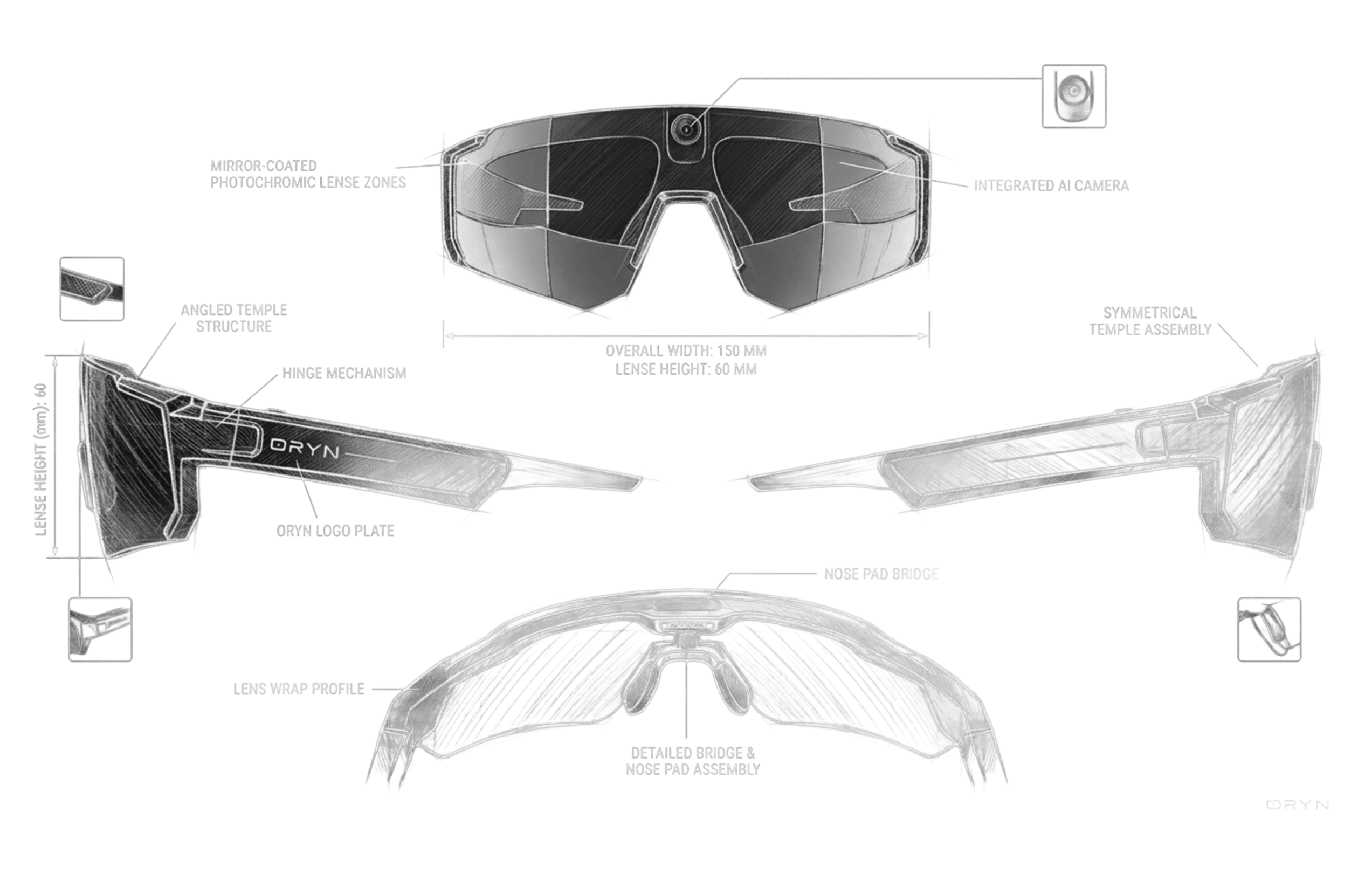 Technical drawing of a pair of sunglasses with labeled components on a black background