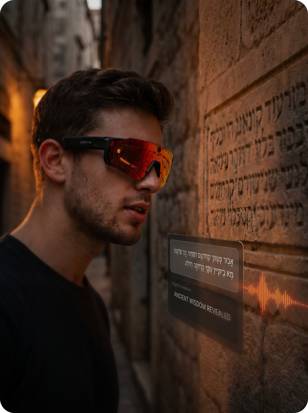 Man wearing reflective sunglasses standing next to a stone wall with engraved text