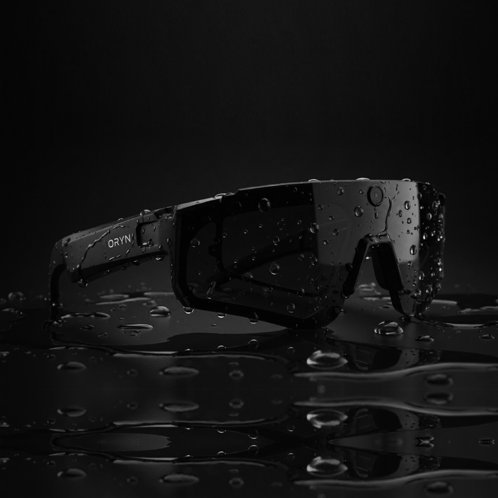 AI sports glasses with camera by ORYN, featuring a sleek design and water droplets for a dynamic look.