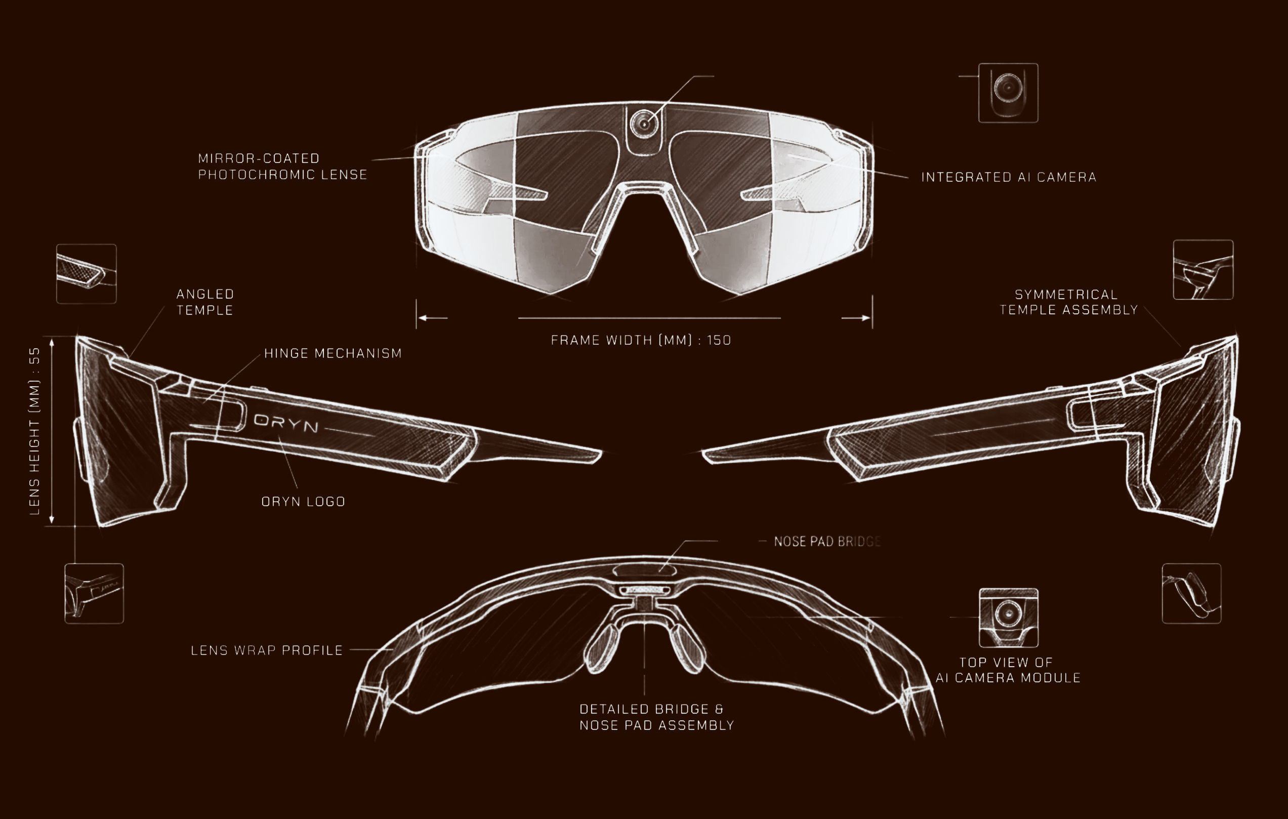 Technical drawing of a pair of futuristic glasses on a dark background