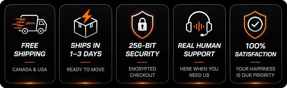 Set of icons and text highlighting shipping, security, support, and satisfaction features.